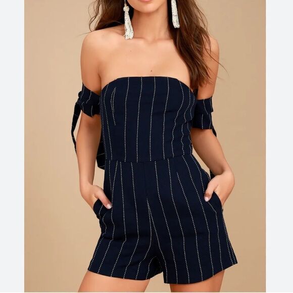 J.O.A. Sunny Sensation Navy Blue Striped Off-the-Shoulder Romper Med - Picture 7 of 8